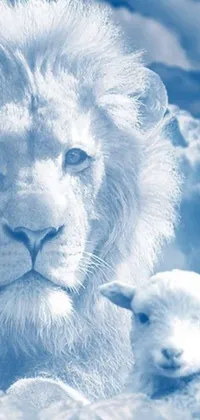 This phone live wallpaper showcases a peaceful snow scene featuring a lion and a lamb standing side by side
