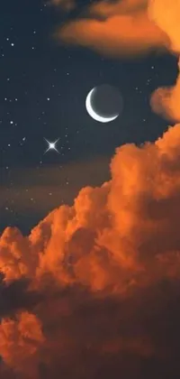 This stunning live wallpaper features two shining stars nestled in the night sky, surrounded by gently glowing orange clouds and a glistening crescent moon