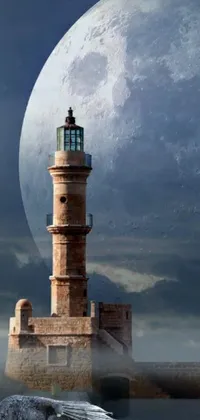 This live wallpaper features a meticulously crafted matte painting of a lighthouse amidst a body of water, set in a serene and peaceful night-time scene