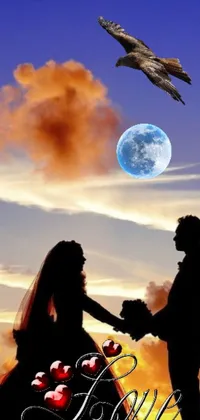 This stunning live phone wallpaper captures a magical scene with a beautiful couple holding hands as the moon shines behind them