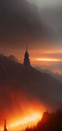 This phone live wallpaper showcases a church on top of a mountain under cloudy skies with a mage tower visible in the distance