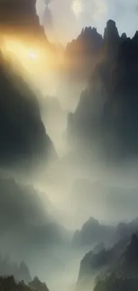 This phone live wallpaper boasts a picturesque scene of a herd of cattle grazing atop green hills, surrounded by a misty and dark valley with hints of fractal sunlight