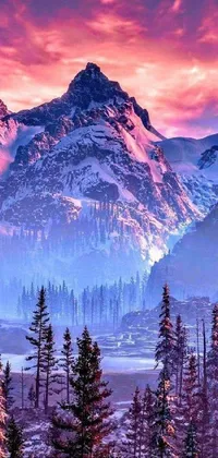 Are you looking for a vivid and breathtaking phone wallpaper? Look no further than this stunning live wallpaper featuring a snow covered mountain with trees in the foreground