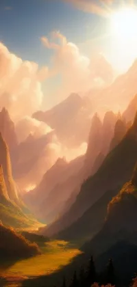 This phone live wallpaper showcases a breathtaking painting of a fantasy valley with majestic mountains in the background