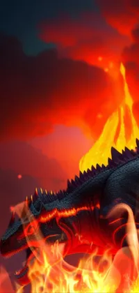 This fantasy live wallpaper showcases an impressive illustration of a mammoth dinosaur striding through a fiery lava field