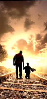 This phone live wallpaper depicts a heartwarming scene of a man and child walking down a train track at sunrise