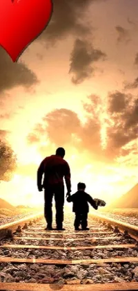 This surreal live phone wallpaper features a man and child standing on a train track, surrounded by vibrant colors