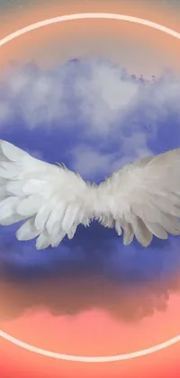This stunning phone live wallpaper features a pair of vivid white feathered angel wings soaring through a colorful, cloudy sky