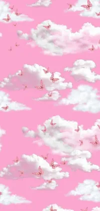 This phone live wallpaper showcases a beautiful pink background with white clouds and delicate pink butterflies