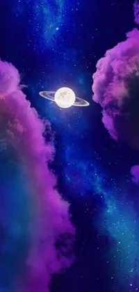 This phone live wallpaper is a delightful digital artwork with a scenic view of planets alongside Saturn and a supermoon in a moonlit purple sky