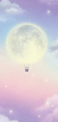 This phone live wallpaper features a stunning image of a hot air balloon floating in a dreamlike, pastel-colored sky with a full moon in the background