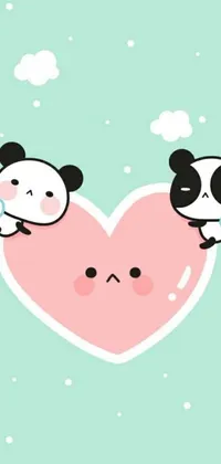 This phone wallpaper features a delightful image of two panda bears resting on a heart