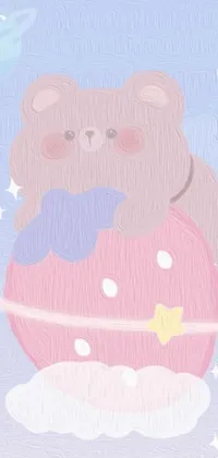 This live wallpaper depicts a cute digital art drawing of a teddy bear sitting on a cloud