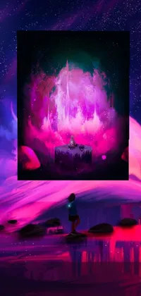 This live wallpaper features a stunning digital painting of a castle, set against a purplish space in the background, abstract neon-colored universe