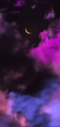 Looking for a stunning live wallpaper for your phone? Check out this amazing purple and blue sky wallpaper featuring a crescent moon, digital painting, video stills, black sky with stars, and pink fluffy clouds