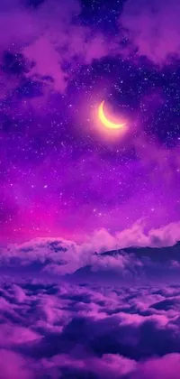 This enchanting live phone wallpaper features a stunning purple sky adorned with clusters of stars and fluffy clouds, complete with a beautiful crescent moon shining brightly in the center