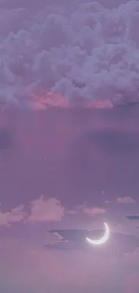 This phone live wallpaper features a stunning purple sky with a calming crescent in the center, surrounded by soft clouds