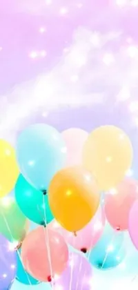 Decorate your phone with this stunning live wallpaper featuring bright pastel colored balloons, floating in a galaxy inspired sky