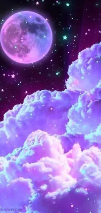 Enjoy a mesmerizing view with this purple-themed phone live wallpaper! It depicts a full moon shining bright in the sky, flanked by fluffy lavender clouds with pink and blue hues