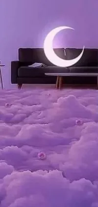 This live wallpaper features a unique and creative design of a couch on top of a bed covered in clouds against a moonlit purple sky