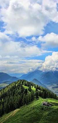 This phone live wallpaper features beautiful cows on a hillside under blue clouds with a lush green valley in the distance beneath the alps