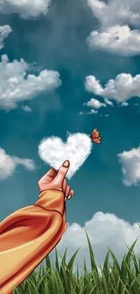 This phone live wallpaper is a stunning digital painting of a hand reaching for a butterfly in the sky