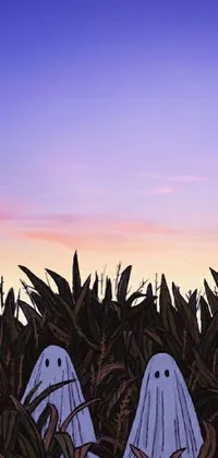This live wallpaper captures a captivating scene of two ghosts in a beautiful corn field at sunset