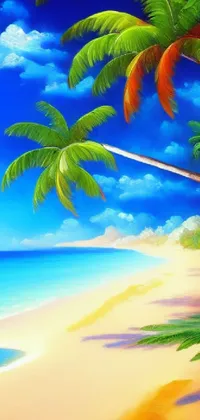 This stunning live wallpaper depicts a digital painting of a beautiful beach with palm trees