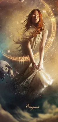 This celestial phone live wallpaper showcases a copper-haired maiden in a golden gown, who represents the Libra zodiac sign as the goddess of the sun in this digital art