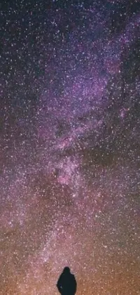 This live wallpaper features a surrealistic image of a lone figure on a hill against a breathtaking starry sky