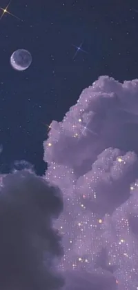 This phone live wallpaper showcases a beautiful concept art of two fluffy clouds floating in the night sky