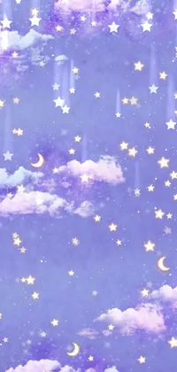 This phone live wallpaper features a sky with stars and clouds against a soft purple glow, perfect for a magical realism inspired bedroom background