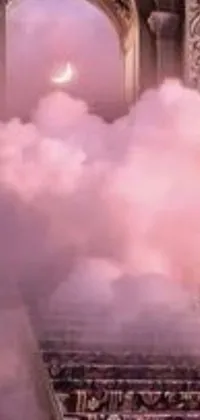 This stunning phone live wallpaper features an atmospheric image of a smoky building, shrouded in hazy shades of romantic heaven pink for a dreamy ambiance