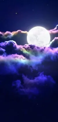 This live wallpaper showcases a full moon in the night sky against a backdrop of stunning, multi-colored clouds