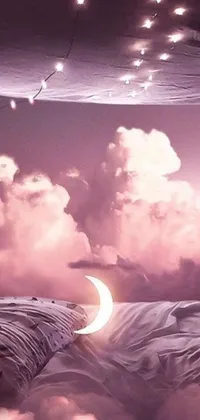 This phone live wallpaper displays a bed situated on a cloud-filled purple sky, providing digital artwork by Anna Füssli