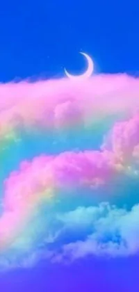 This phone live wallpaper features a rainbow cloud with a crescent in the sky, surrounded by an aesthetic and whimsical design