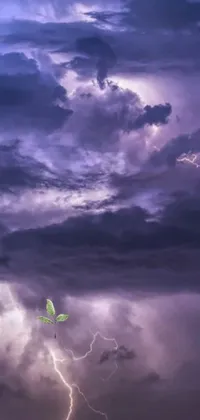 This phone live wallpaper depicts a purple kite soaring against a stormy ambiance, showcasing a sense of romanticism in a mysterious setting