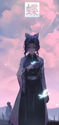 This stunning live wallpaper for your phone showcases a captivating anime drawing of a mage with black hair standing gracefully in front of a breathtaking pink sky