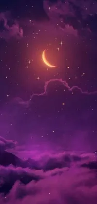 This live wallpaper showcases a beautifully designed purple and dark orange night sky, adorned by a mesmerizing crescent moon and twinkling stars