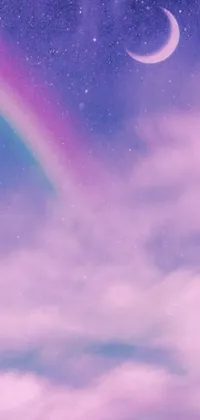 This phone live wallpaper features a stunning panorama view of the sky with a rainbow, crescent, and soft purple glow