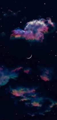 This live phone wallpaper showcases a night sky with floating clouds and a crescent moon