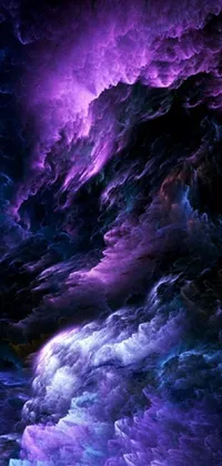This phone live wallpaper showcases captivating digital art of purple and blue clouds against a black backdrop
