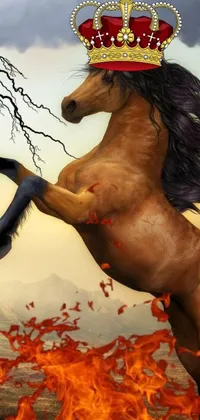 This live wallpaper showcases a beautiful digital artwork of a majestic horse with a crown, against a backdrop of autumn wind