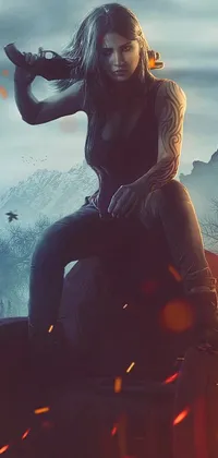 This live wallpaper presents a dynamic and captivating digital art image of a fierce biker woman perched atop a towering pile of luggage