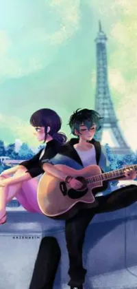The stunning phone live wallpaper depicts two people sitting on a ledge with a guitar