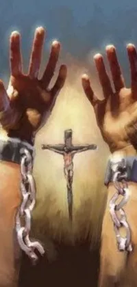 This live phone wallpaper features an arresting image of chained hands on a cross