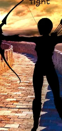 This phone live wallpaper features a digital art silhouette of a woman with a bow and arrow standing on a bridge in front of the Great Wall in China
