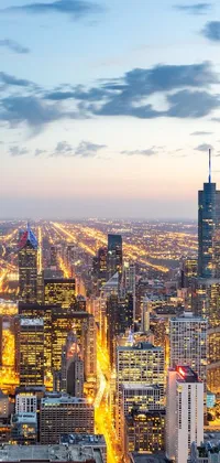 This phone live wallpaper showcases a stunning view from the top of a Chicago building at dusk