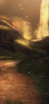 Looking for a phone live wallpaper that's unique and captivating? Check out our red fire hydrant sitting on the side of a dirt road, surrounded by lush greenery, misty atmosphere, and a majestic waterfall