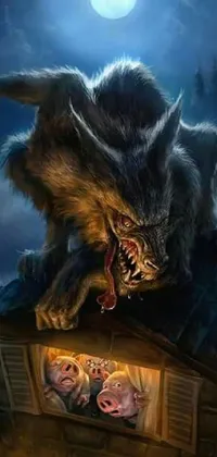 This phone live wallpaper features an intricately designed fantasy art painting of a werewolf on a rooftop, portraying a stunningly detailed depiction of a fierce and savage creature